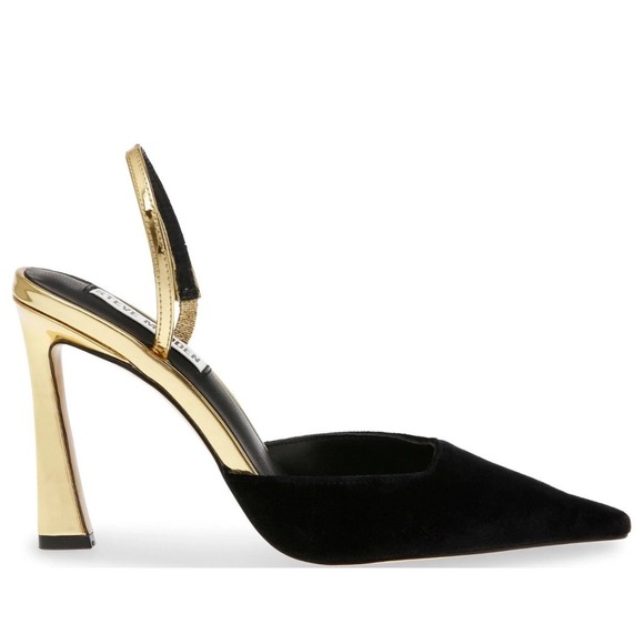Steve Madden Drew Velvet Slingback Dress Pumps‎ Black Gold Pointed Toe Heels 9M